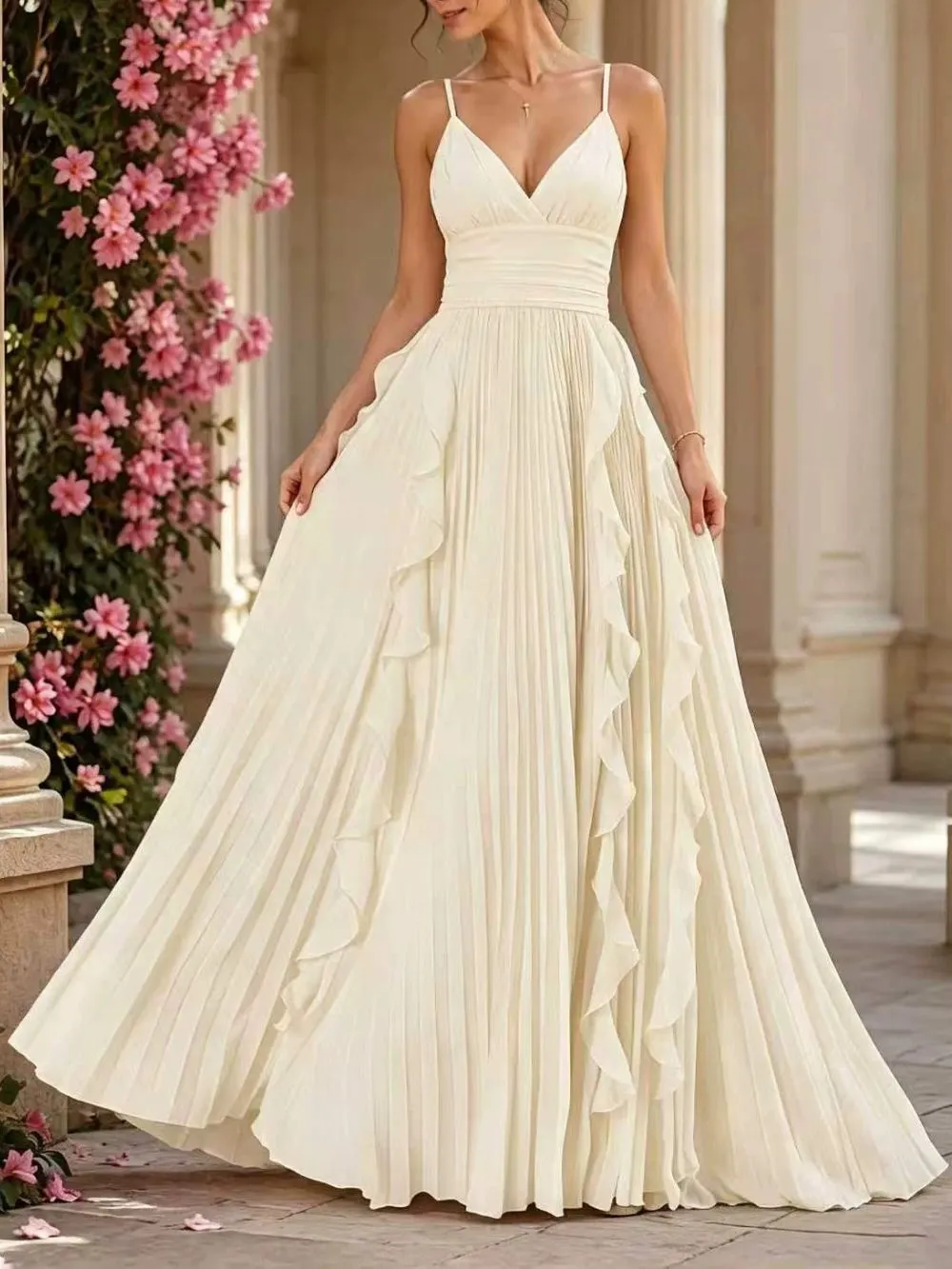 Marvene Spaghetti V-Neck Ruffle Pleated Maxi Dress - OWNCI