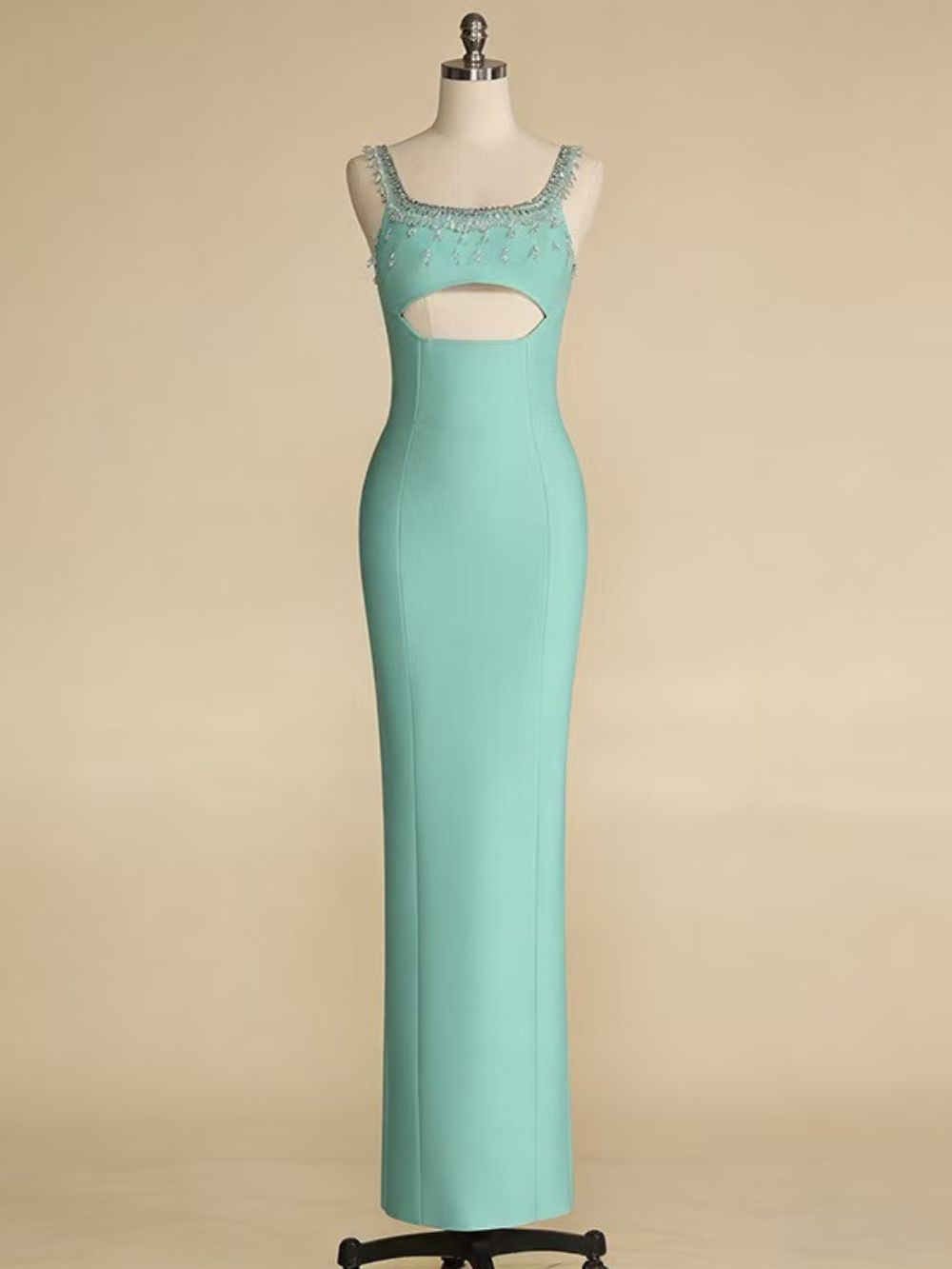 Mint Crystal Beaded Square Neck Cutout Midi Bodycon Dress - OWNCI Mint Crystal Beaded Square Neck Cutout Midi Bodycon Dress - OWNCI
