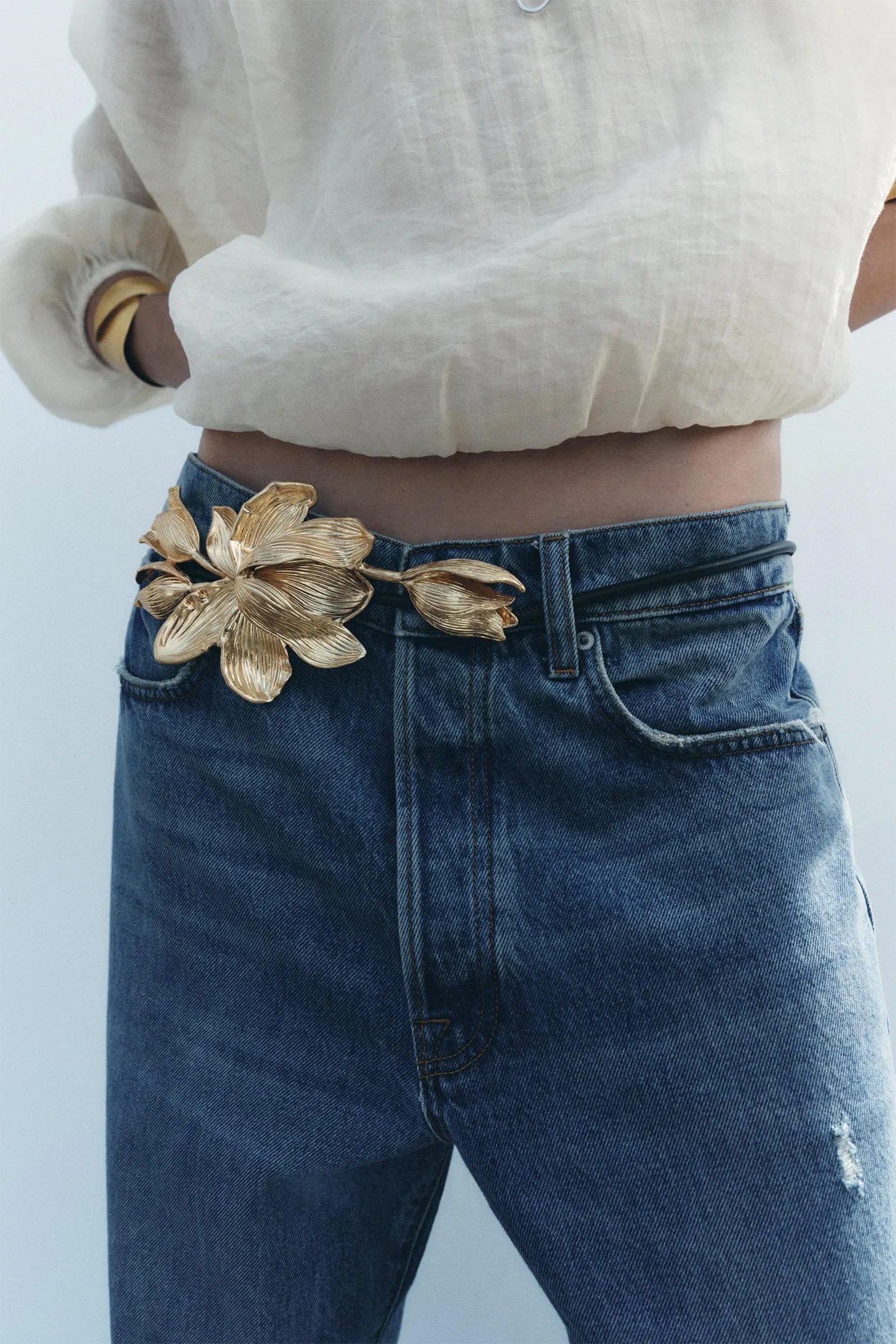 3D Sculpted Golden Floral Thin Leather Belt - OWNCI