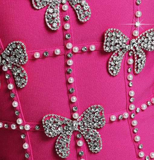 Hot Pink Rhinestone Bow Grid Spaghetti Strap Mini Bodycon Dress - OWNCI