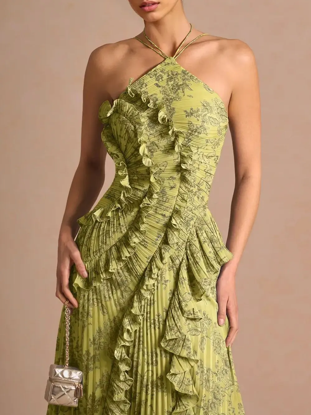 Finneas Olive Green Halter Pleated Maxi Dress - OWNCI