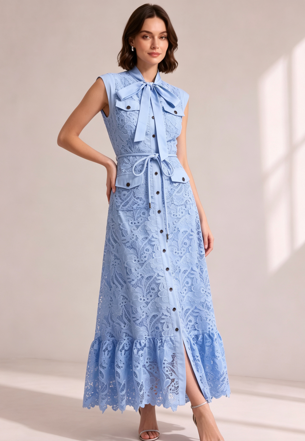 Sky Blue Sleeveless Tie Neck Cargo Pocket Floral Lace Midi Shirt Dress - OWNCI Sky Blue Sleeveless Tie Neck Cargo Pocket Floral Lace Midi Shirt Dress - OWNCI