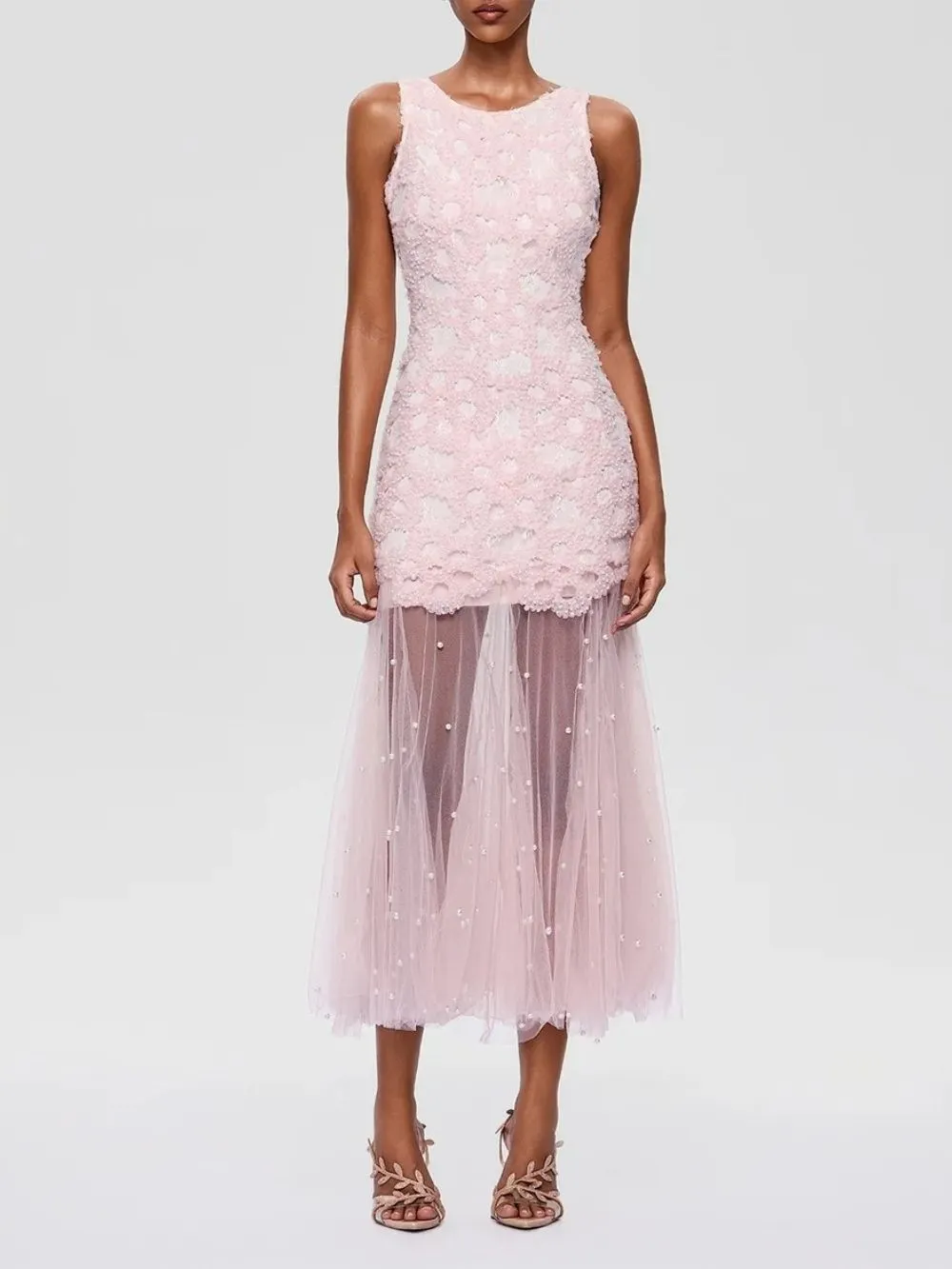 Kryndel Sleeveless Pearl Mesh Midi Dress - OWNCI Kryndel Sleeveless Pearl Mesh Midi Dress - OWNCI