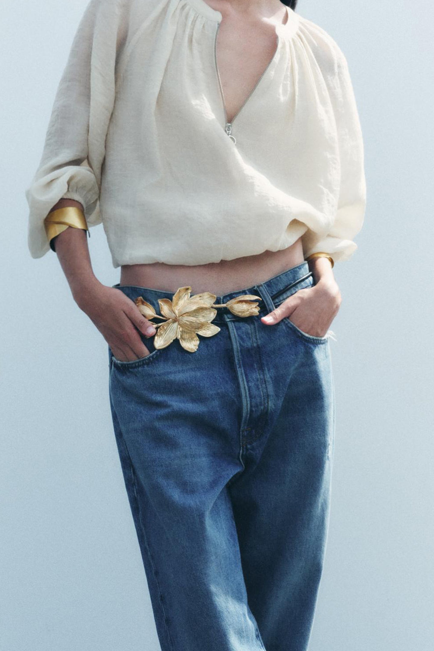 3D Sculpted Golden Floral Thin Leather Belt - OWNCI