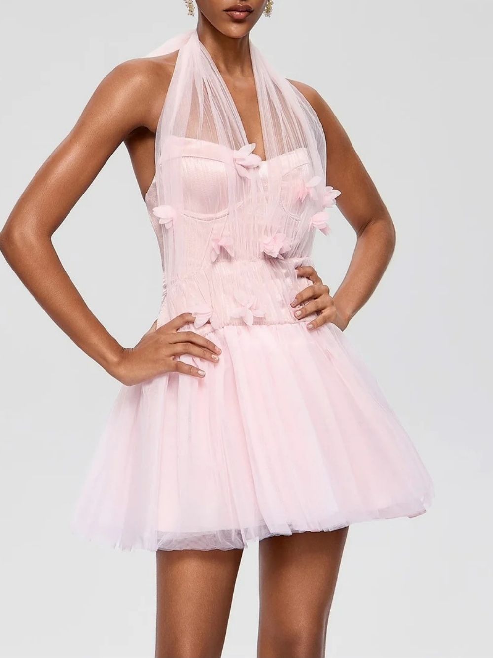 735936ae385b2f62a3352142361ac9a7 Nuvarek Halterneck Flower Tulle Mini Dress