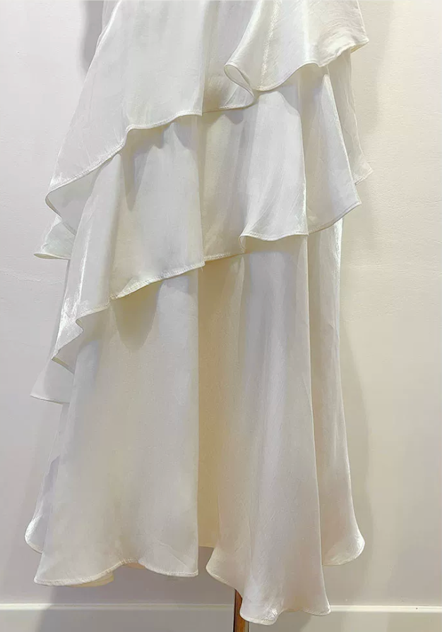 Off Shoulder Twist Ruched Tiered Ruffle Satin Maxi Dress - OWNCI Off Shoulder Twist Ruched Tiered Ruffle Satin Maxi Dress - OWNCI