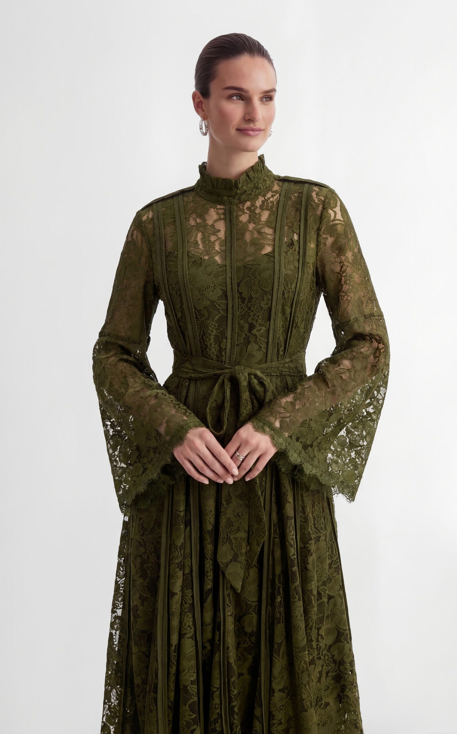 Olive Green Floral Lace High Neck Bell Sleeve Self-Tie Waist Maxi Dress - OWNCI