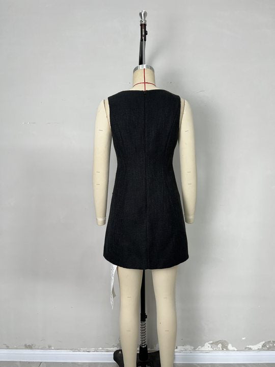 Black Tweed Scoop Neck Sleeveless Gold Button Pocket Mini Dress - OWNCI