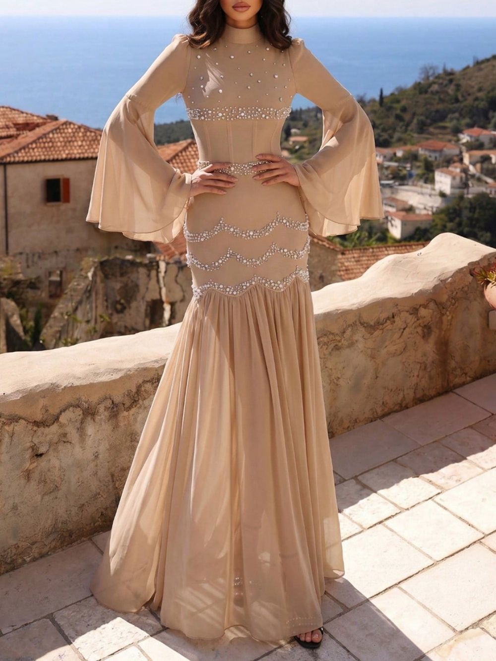 Mata Beige Beaded Long Sleeve Maxi Dress - OWNCI Mata Beige Beaded Long Sleeve Maxi Dress - OWNCI