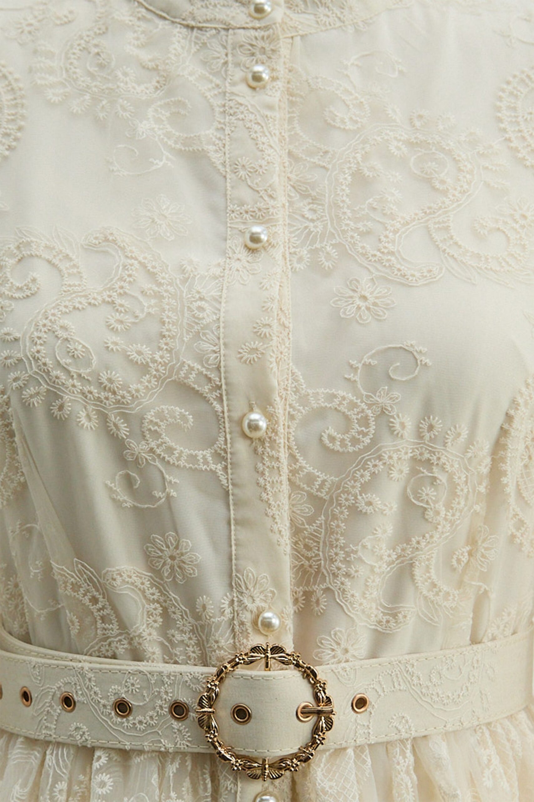 Cream Embroidery Lace Stand Collar Bell Sleeve Belted Midi Shirt Dress - OWNCI Cream Embroidery Lace Stand Collar Bell Sleeve Belted Midi Shirt Dress - OWNCI