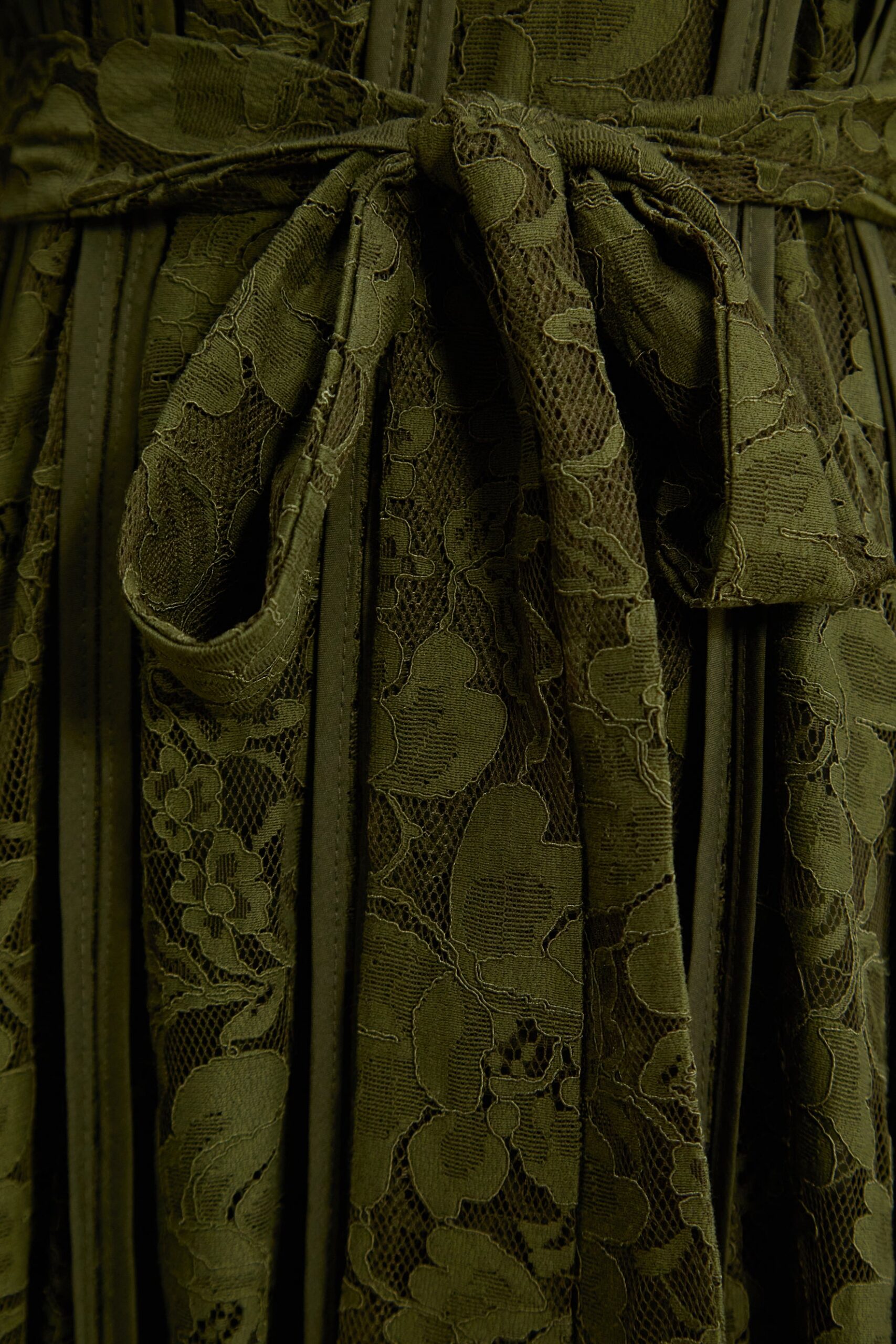 Olive Green Floral Lace High Neck Bell Sleeve Self-Tie Waist Maxi Dress - OWNCI
