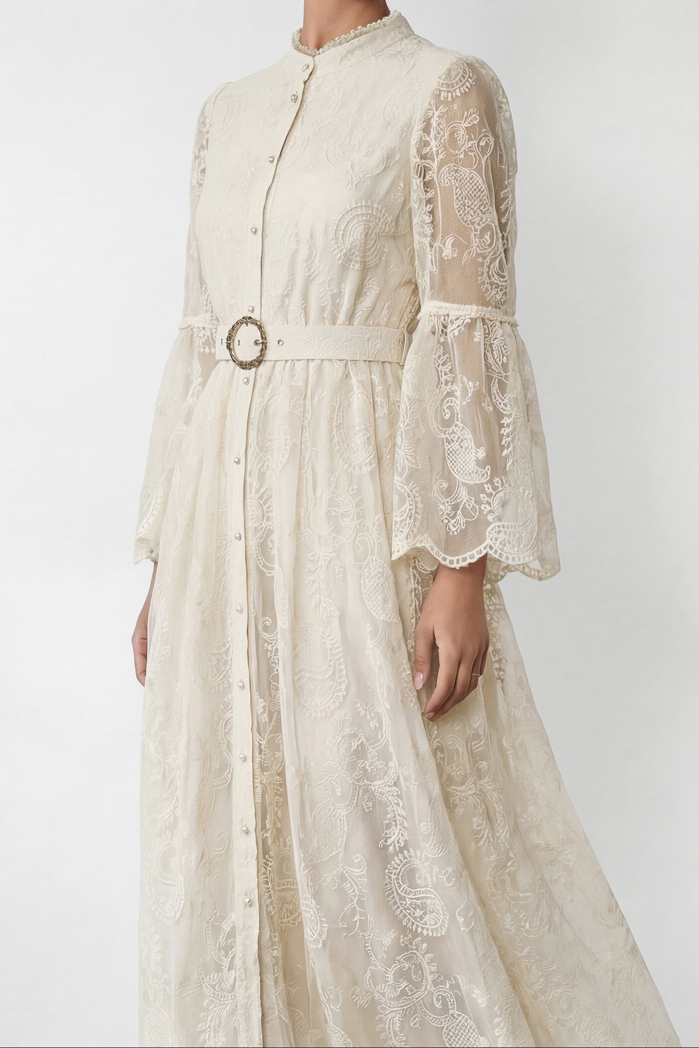 Cream Embroidery Lace Stand Collar Bell Sleeve Belted Midi Shirt Dress - OWNCI Cream Embroidery Lace Stand Collar Bell Sleeve Belted Midi Shirt Dress - OWNCI
