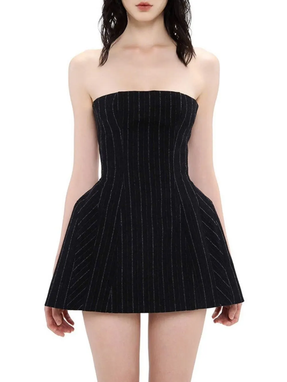 Marchesa Black Strapless Stripe Mini Dress - OWNCI