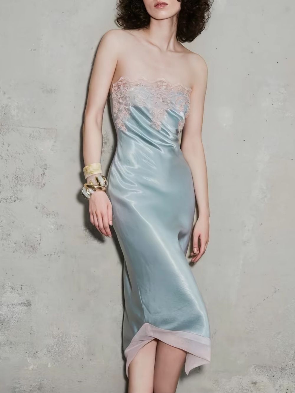 Marnina Strapless Lace Satin Midi Dress - OWNCI