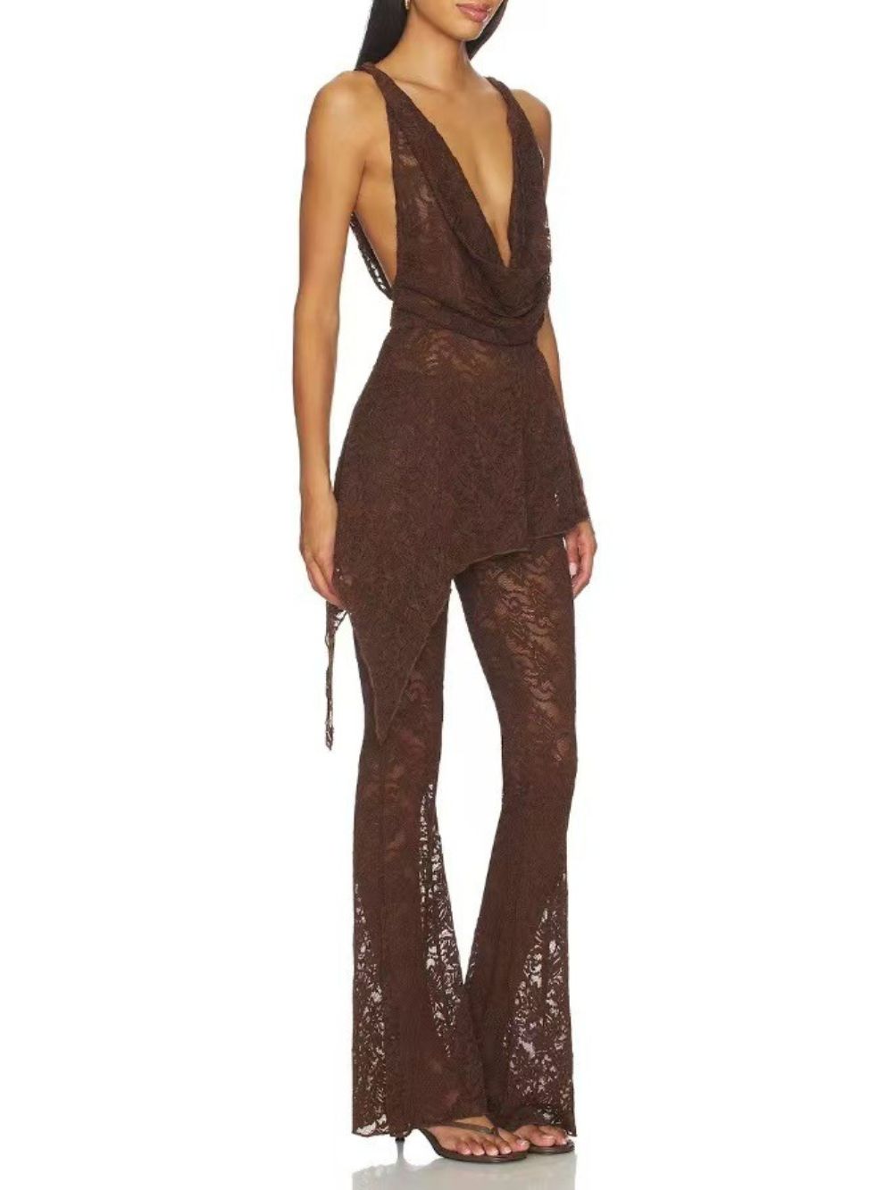 Senora Cowl Neck Lace Flared Pants Set In Coffee - OWNCI Senora Cowl Neck Lace Flared Pants Set In Coffee - OWNCI