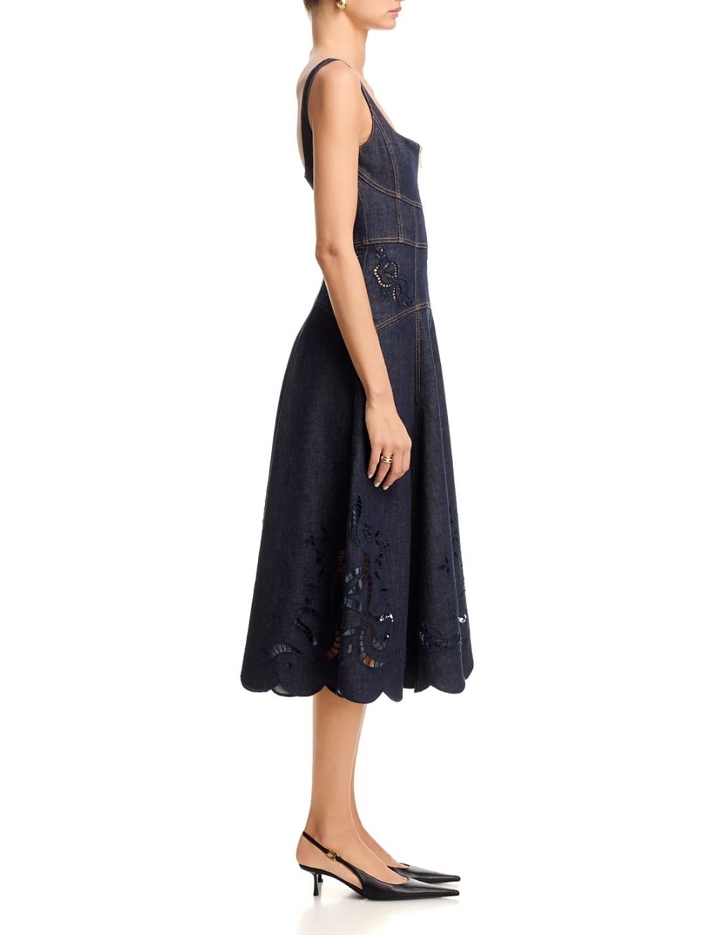 Indigo Denim Bow Embroidered Midi Dress - OWNCI Indigo Denim Bow Embroidered Midi Dress - OWNCI