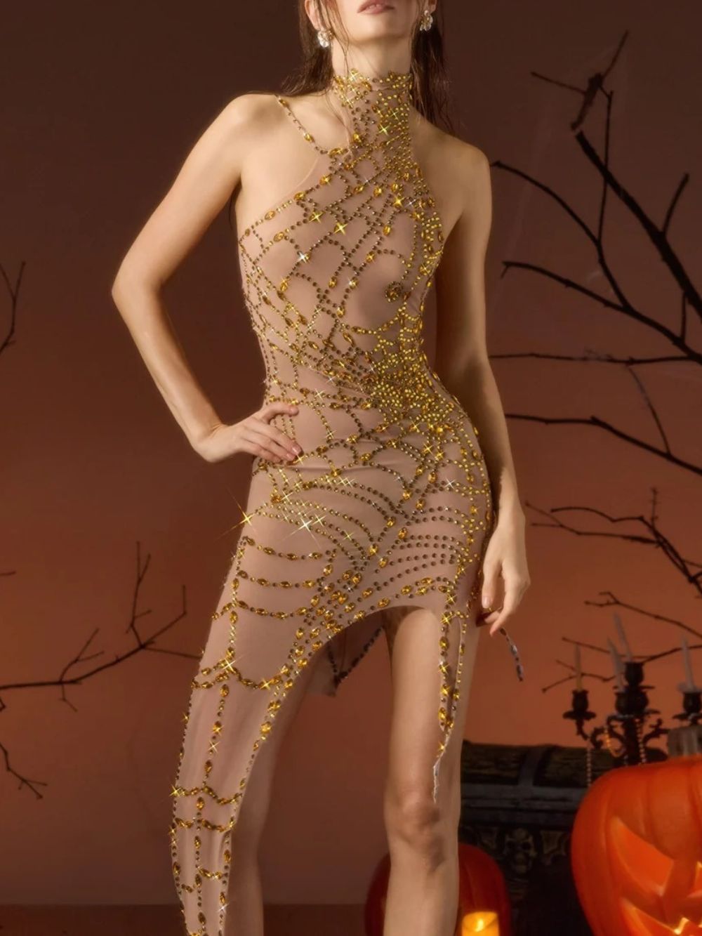 Siesen Halterneck Cobweb Mesh Dress In Gold - OWNCI Siesen Halterneck Cobweb Mesh Dress In Gold - OWNCI