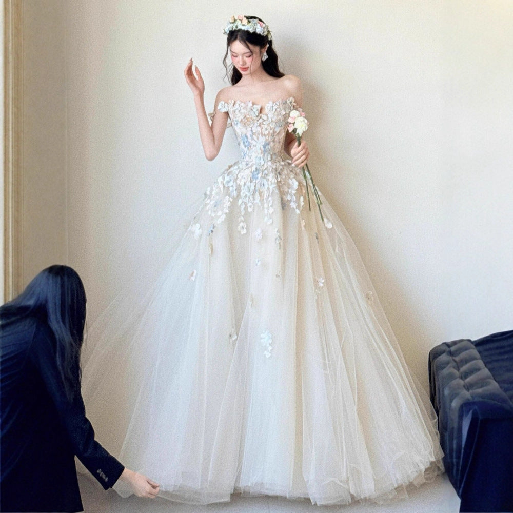 Off Shoulder 3D Floral Tulle Ball Gown Wedding Dress - OWNCI Off Shoulder 3D Floral Tulle Ball Gown Wedding Dress - OWNCI
