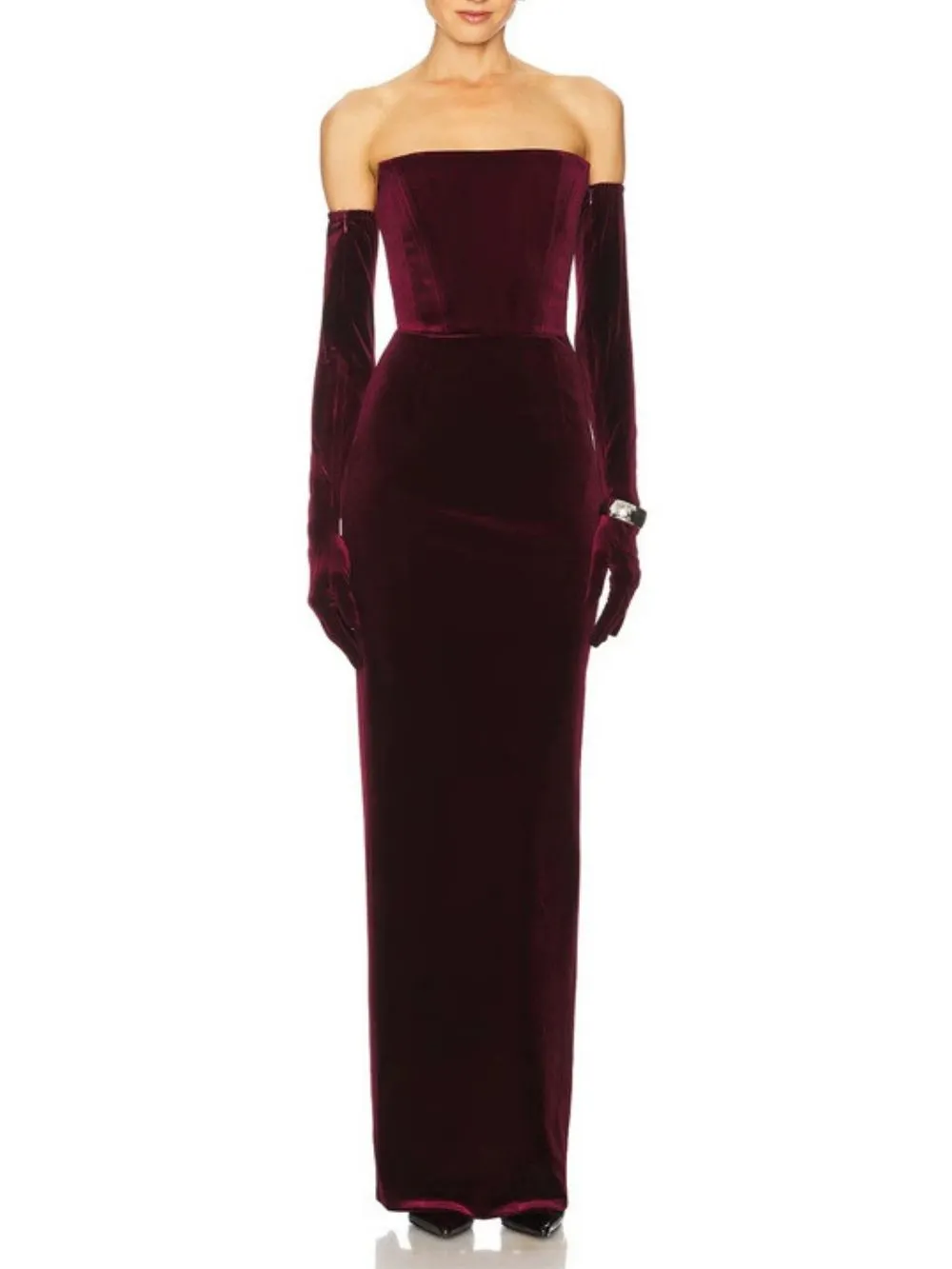 Maston Fuchsia Corset Velvet Maxi Dress With Gloves - OWNCI Maston Fuchsia Corset Velvet Maxi Dress With Gloves - OWNCI