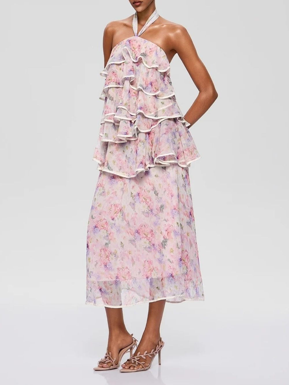 7b7db063acb040c145e4d4bd95b95fa5 Bravonel Halterneck Tiered Floral Midi Dress