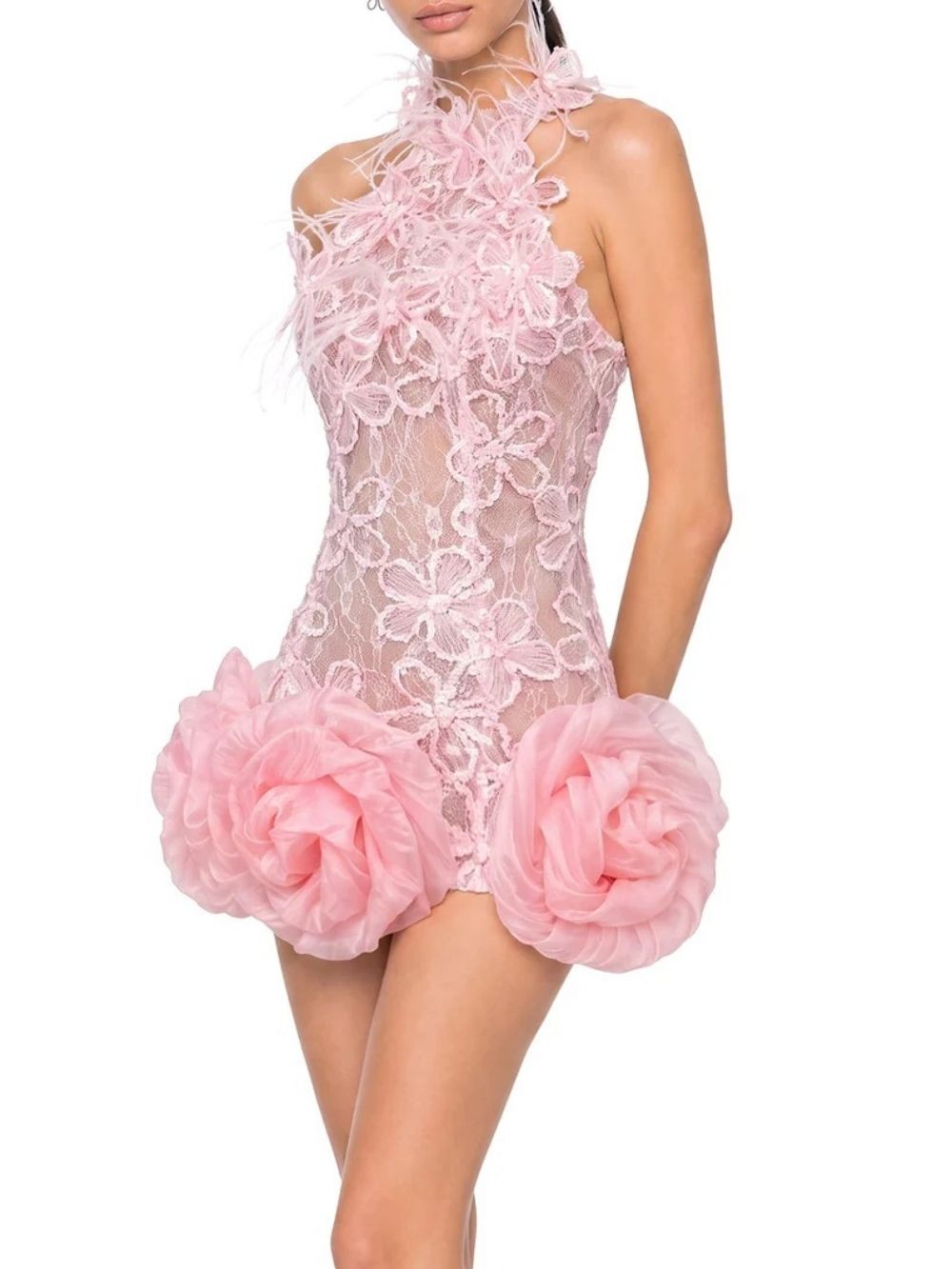 Ulanne Flower Lace Mini Dress In Pink - OWNCI Ulanne Flower Lace Mini Dress In Pink - OWNCI