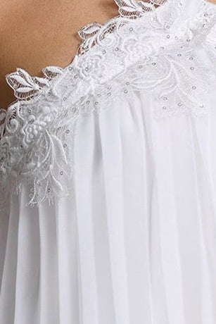 White Halter Neck Lace Trim Pleated Chiffon Mini Babydoll Dress - OWNCI White Halter Neck Lace Trim Pleated Chiffon Mini Babydoll Dress - OWNCI