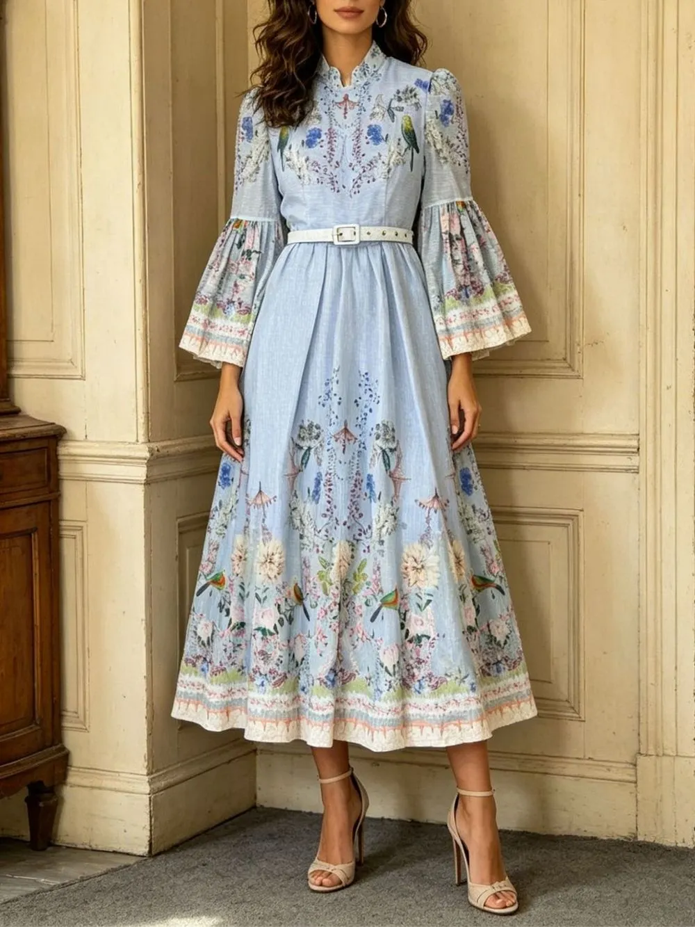 Marleigh Blue Long Sleeve Printed Midi Dress - OWNCI Marleigh Blue Long Sleeve Printed Midi Dress - OWNCI