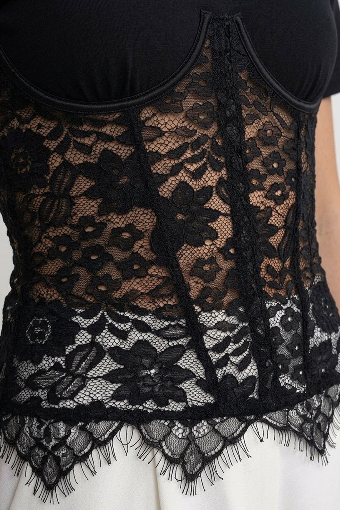Black Spliced Floral Lace Corset Short Sleeve T-shirt - OWNCI