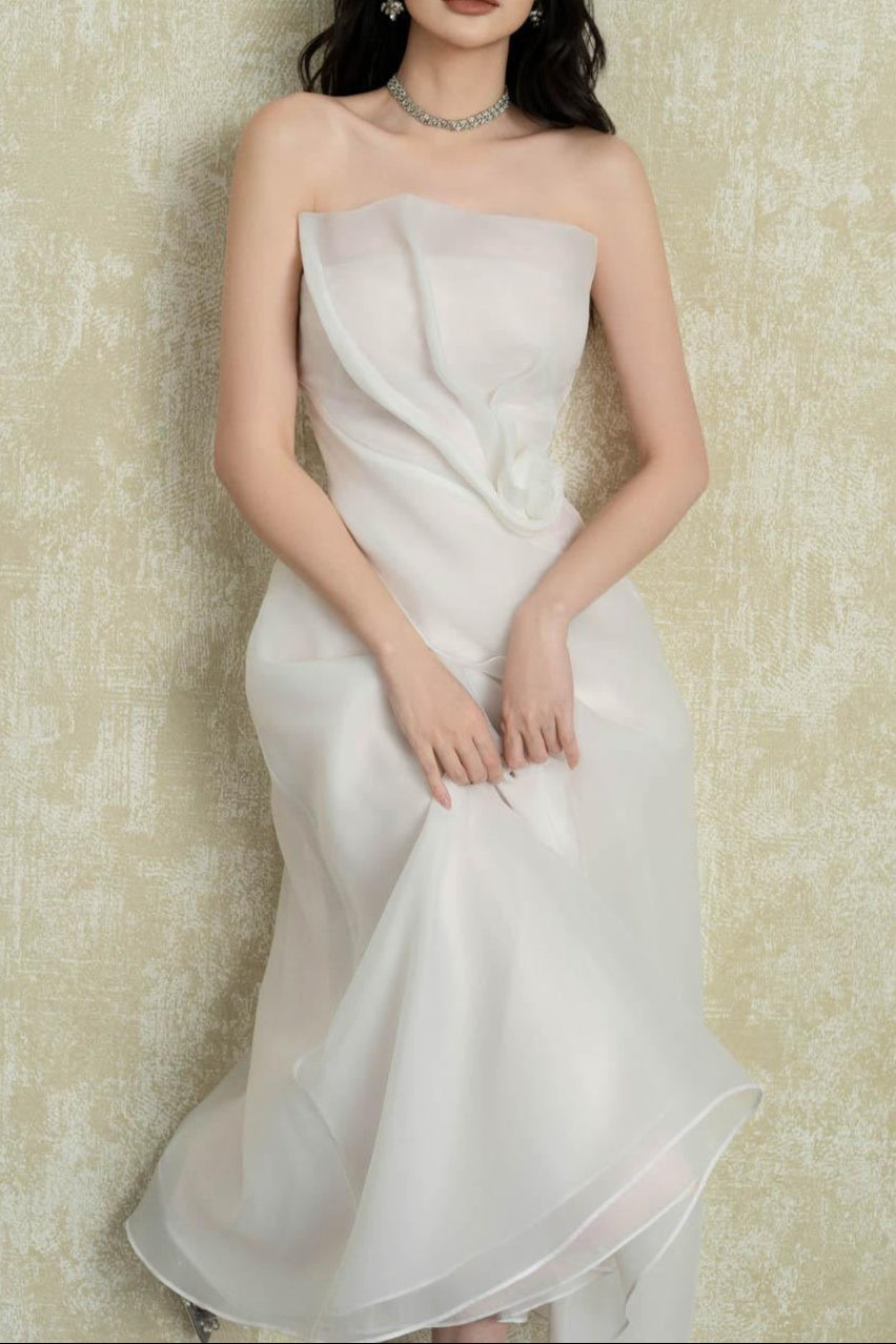 7e7f90d8b2fa76faa960362ca526c0b0 Strapless Layered Organza Midi Dress In White