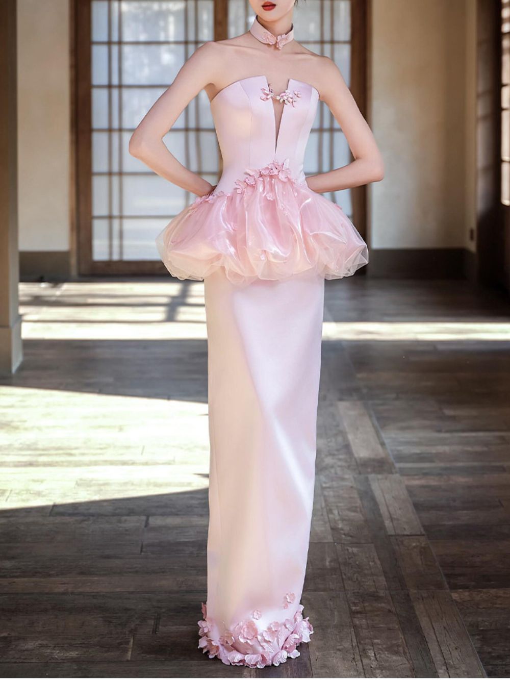Mashava Pink Strapless Flower Embellished Maxi Dress - OWNCI Mashava Pink Strapless Flower Embellished Maxi Dress - OWNCI