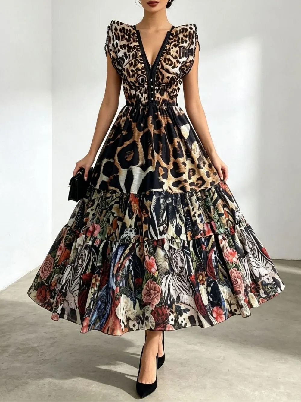 Margarita V-Neck Leopard Printed Maxi Dress - OWNCI Margarita V-Neck Leopard Printed Maxi Dress - OWNCI