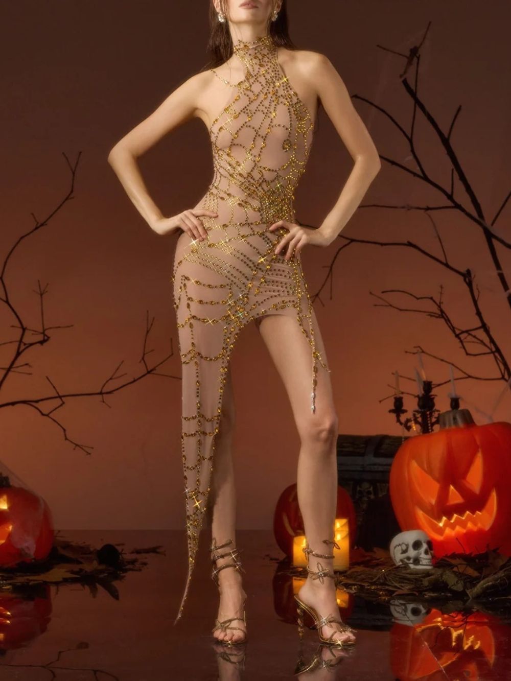Siesen Halterneck Cobweb Mesh Dress In Gold - OWNCI Siesen Halterneck Cobweb Mesh Dress In Gold - OWNCI
