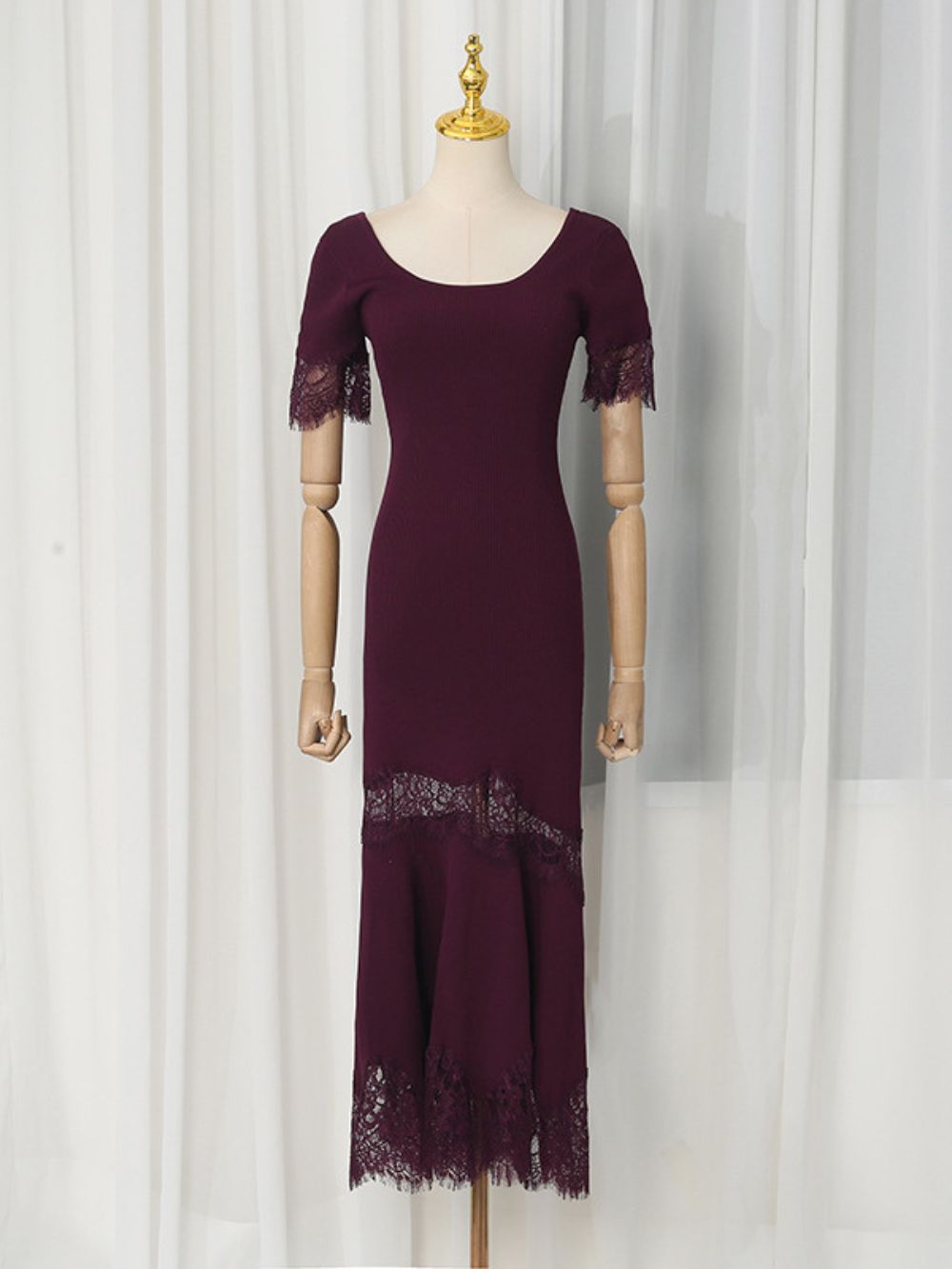 LATONYA BROWN U-NECK LACE MIDI DRESS - OWNCI LATONYA BROWN U-NECK LACE MIDI DRESS - OWNCI