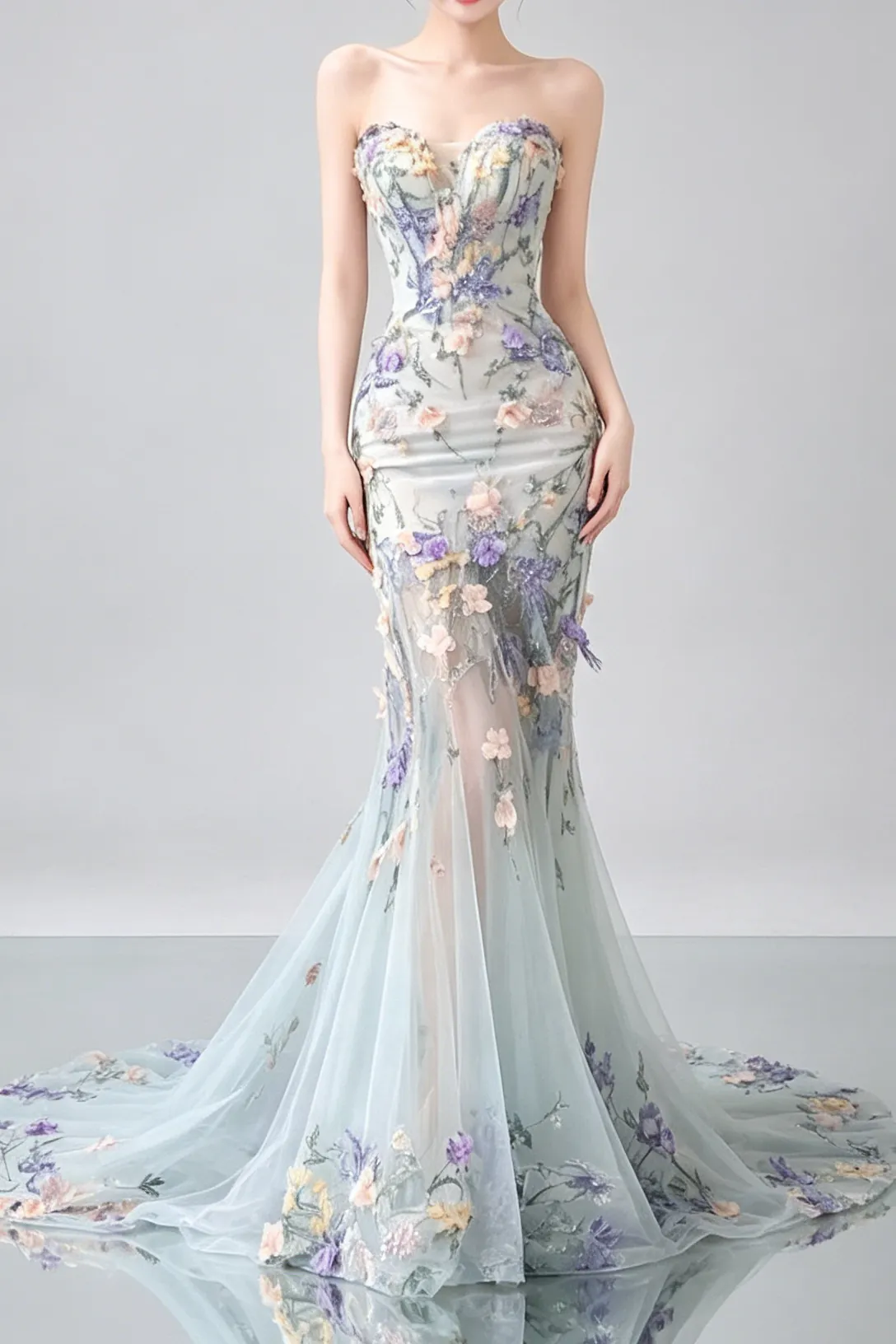 Strapless Pastel 3D Floral Tulle Mermaid Gown With Train - OWNCI Strapless Pastel 3D Floral Tulle Mermaid Gown With Train - OWNCI