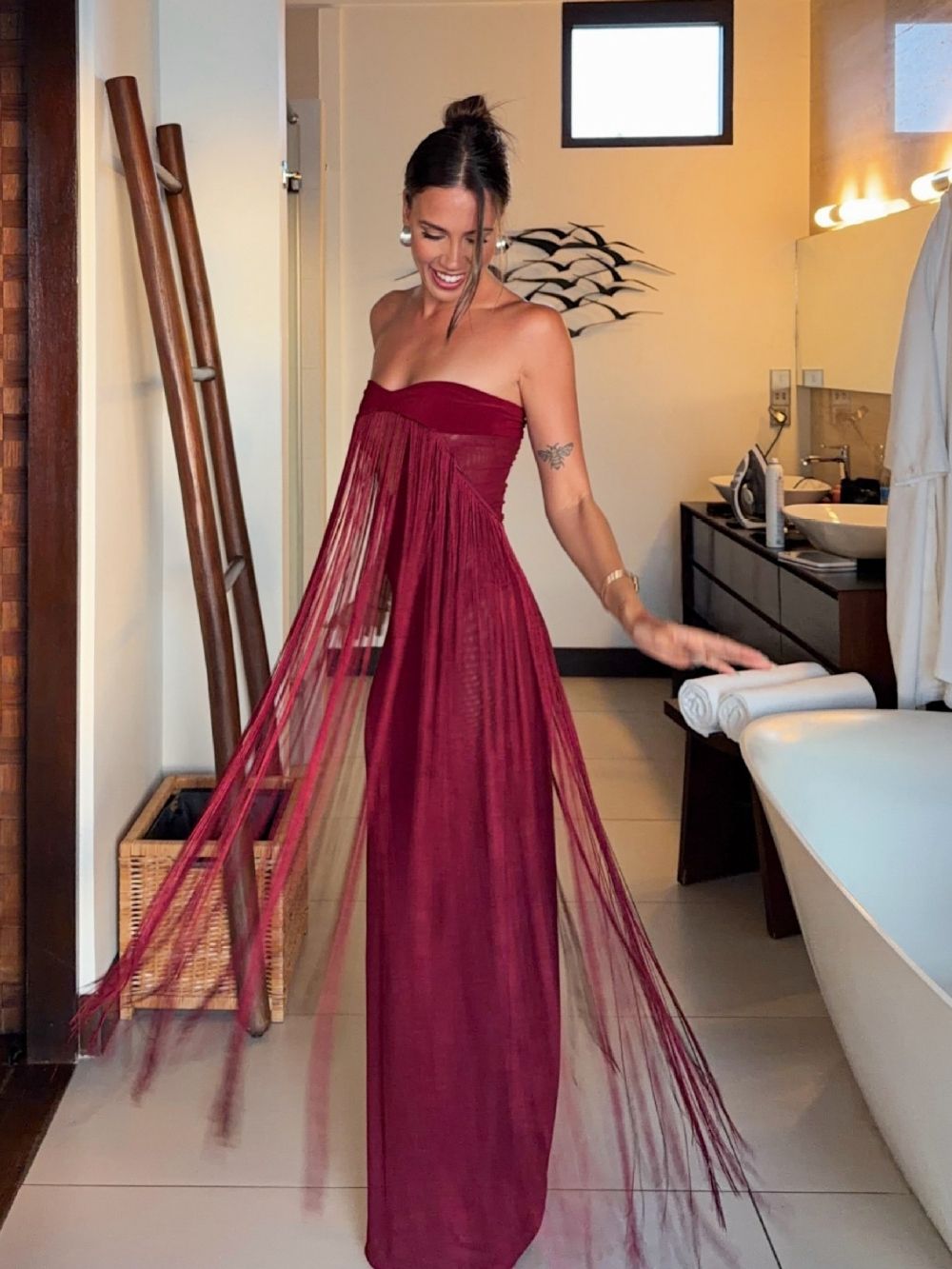 Maritta Wine Strapless Tassel Maxi Dress - OWNCI