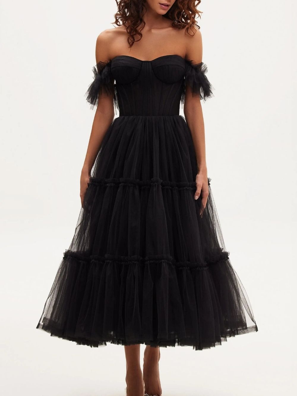 813fb176a63feeb7fb62378c6f5d2479 Black Ruffled Tulle Midi Dress