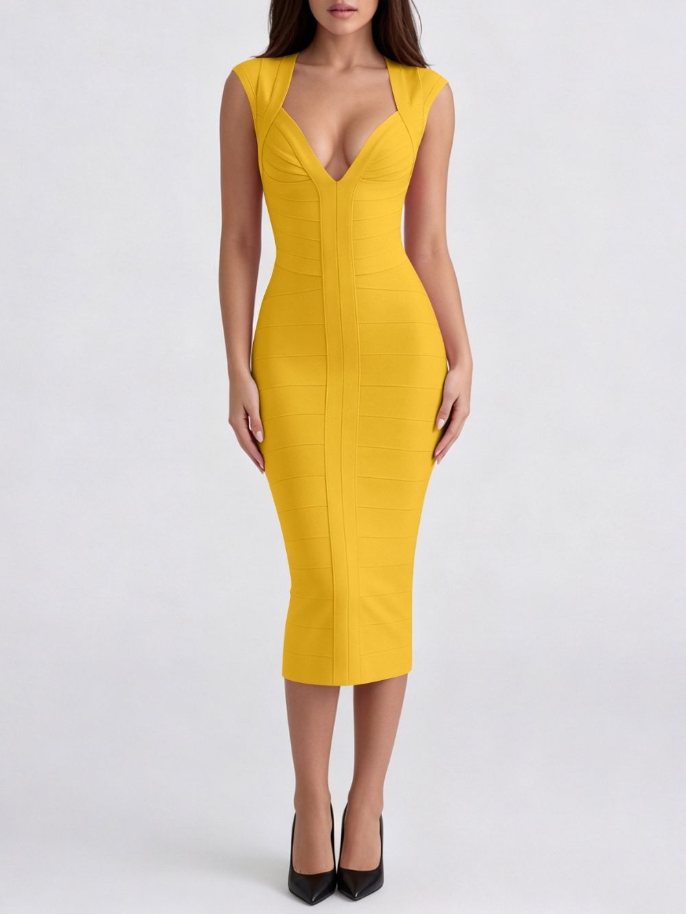 Marixa Yellow V-Neck Bandage Midi Dress - OWNCI Marixa Yellow V-Neck Bandage Midi Dress - OWNCI