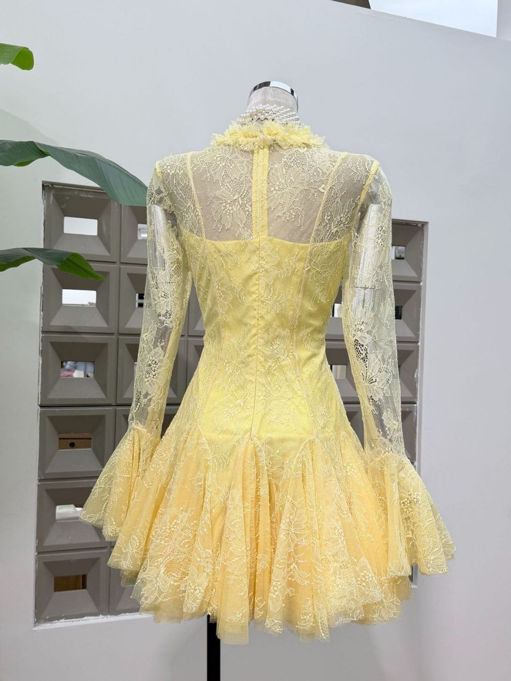 Mana Yellow Lace Long Sleeve Mini Dress