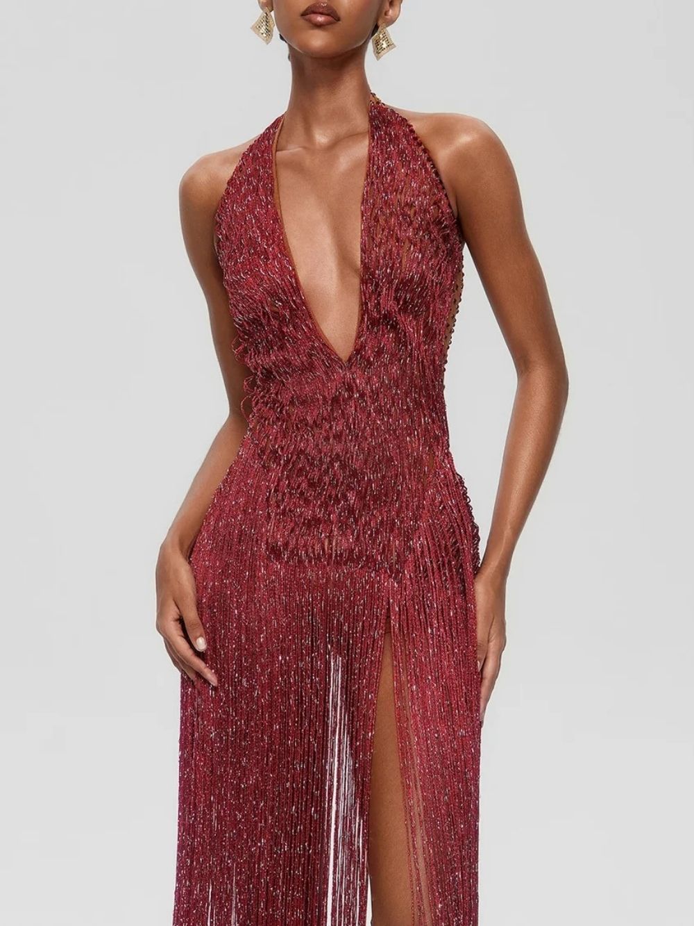Grixel Plunge Neck Fringe Maxi Dress - OWNCI