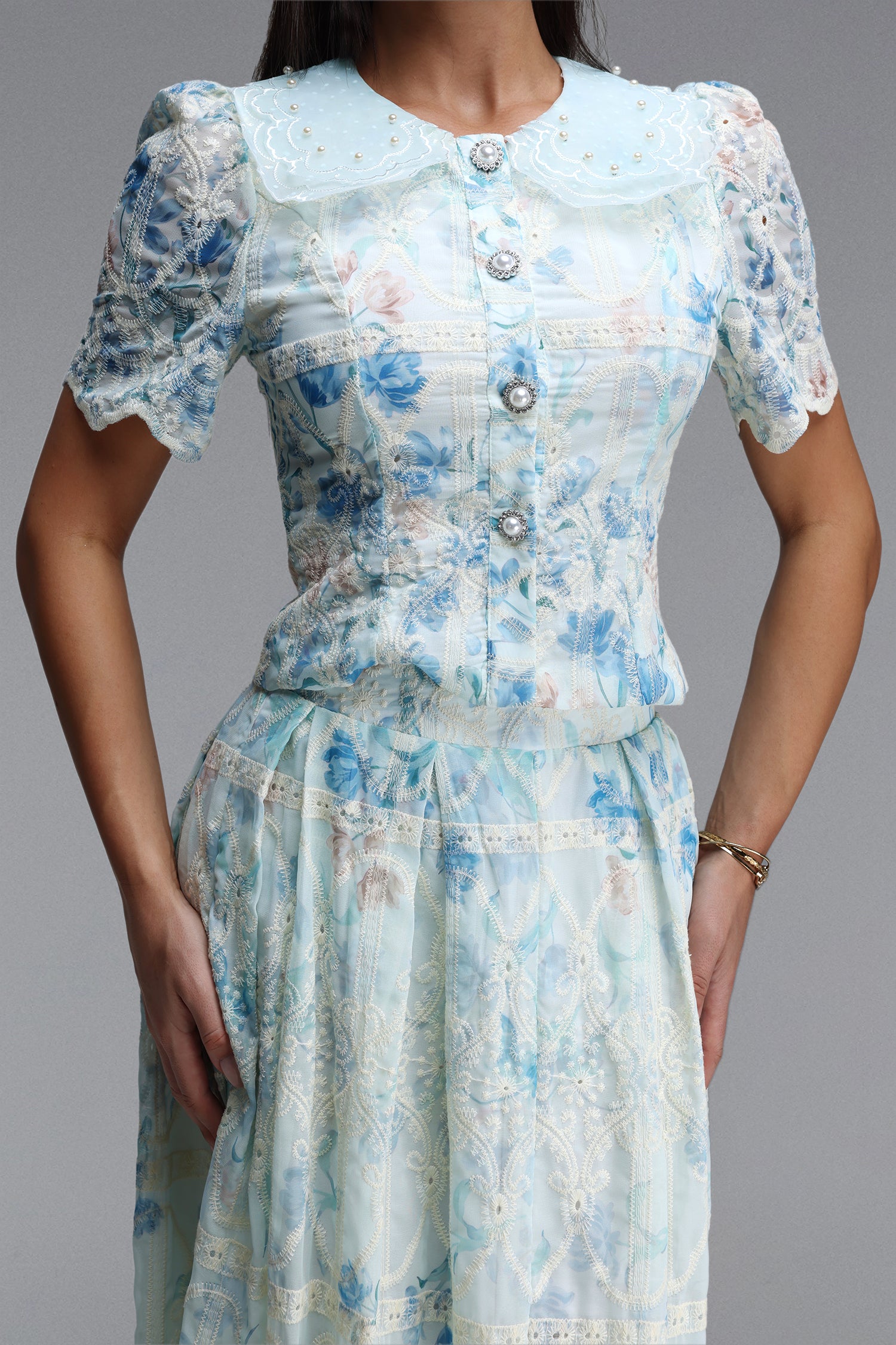 Light Blue Floral Lace Peter Pan Collar Crop Top & Wide Leg Maxi Skirt Two-Piece Set - OWNCI Light Blue Floral Lace Peter Pan Collar Crop Top & Wide Leg Maxi Skirt Two-Piece Set - OWNCI