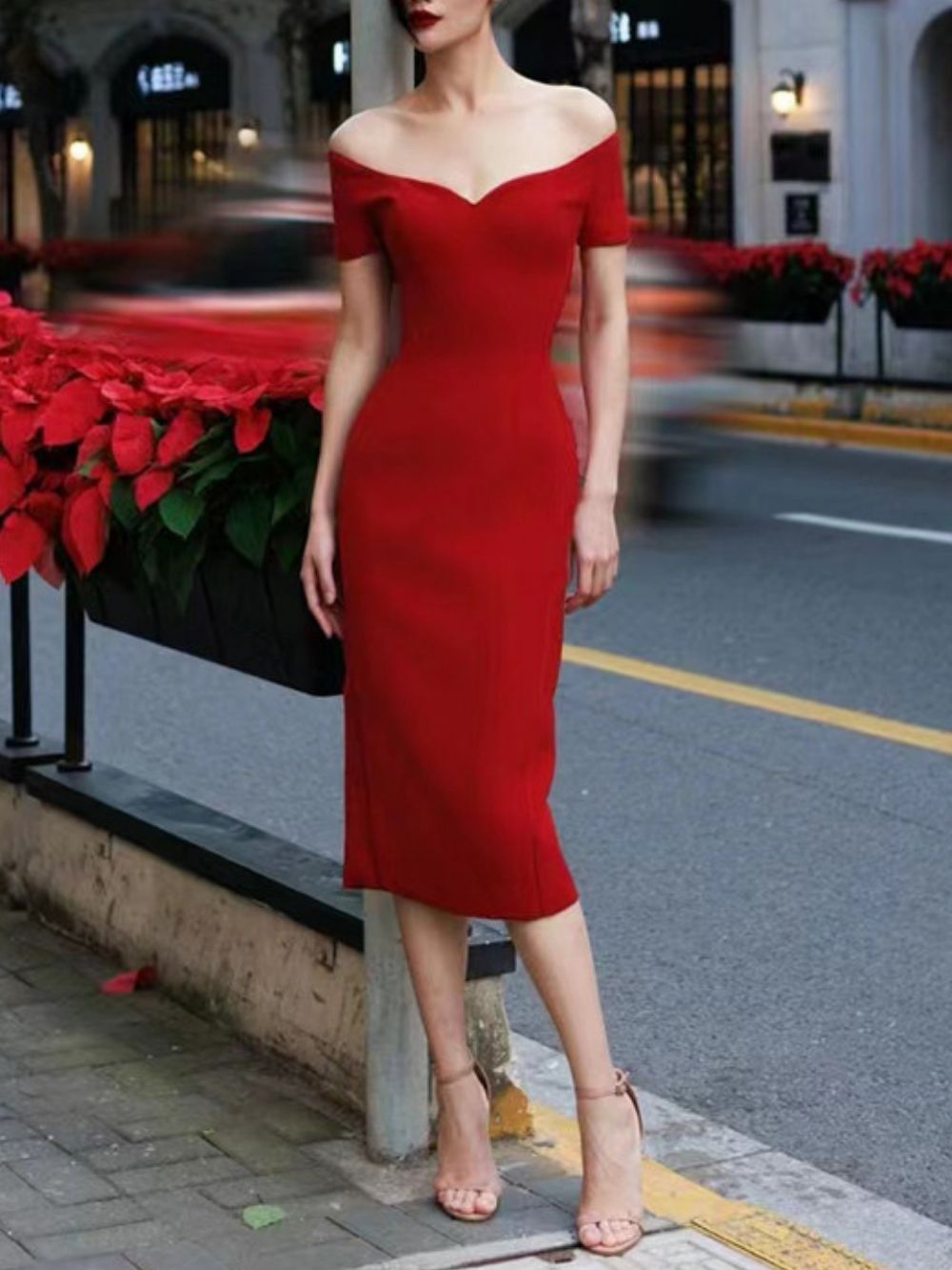 Mallorca Red Off-Shoulder Midi Dress