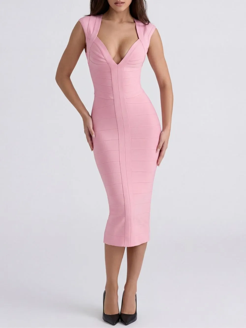 Marixa Pink V-Neck Bandage Midi Dress - OWNCI Marixa Pink V-Neck Bandage Midi Dress - OWNCI