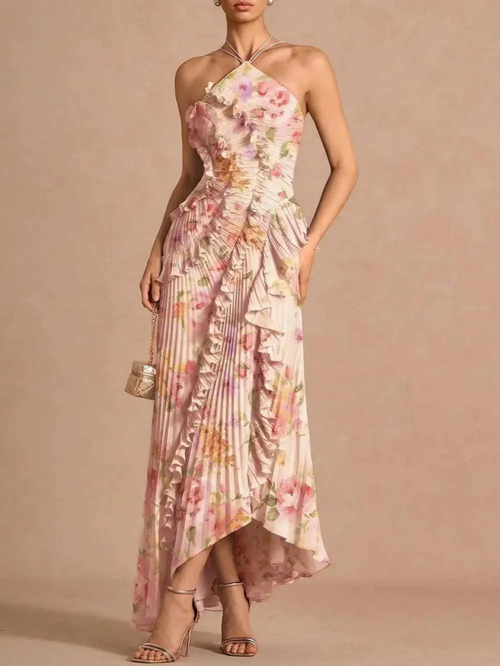 Finneas Pink Floral Halter Pleated Maxi Dress - OWNCI Finneas Pink Floral Halter Pleated Maxi Dress - OWNCI