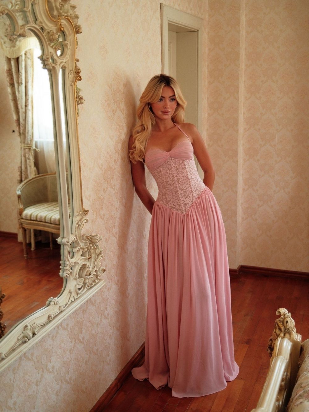 Masaaki Pink Halter Lace Maxi Dress - OWNCI Masaaki Pink Halter Lace Maxi Dress - OWNCI