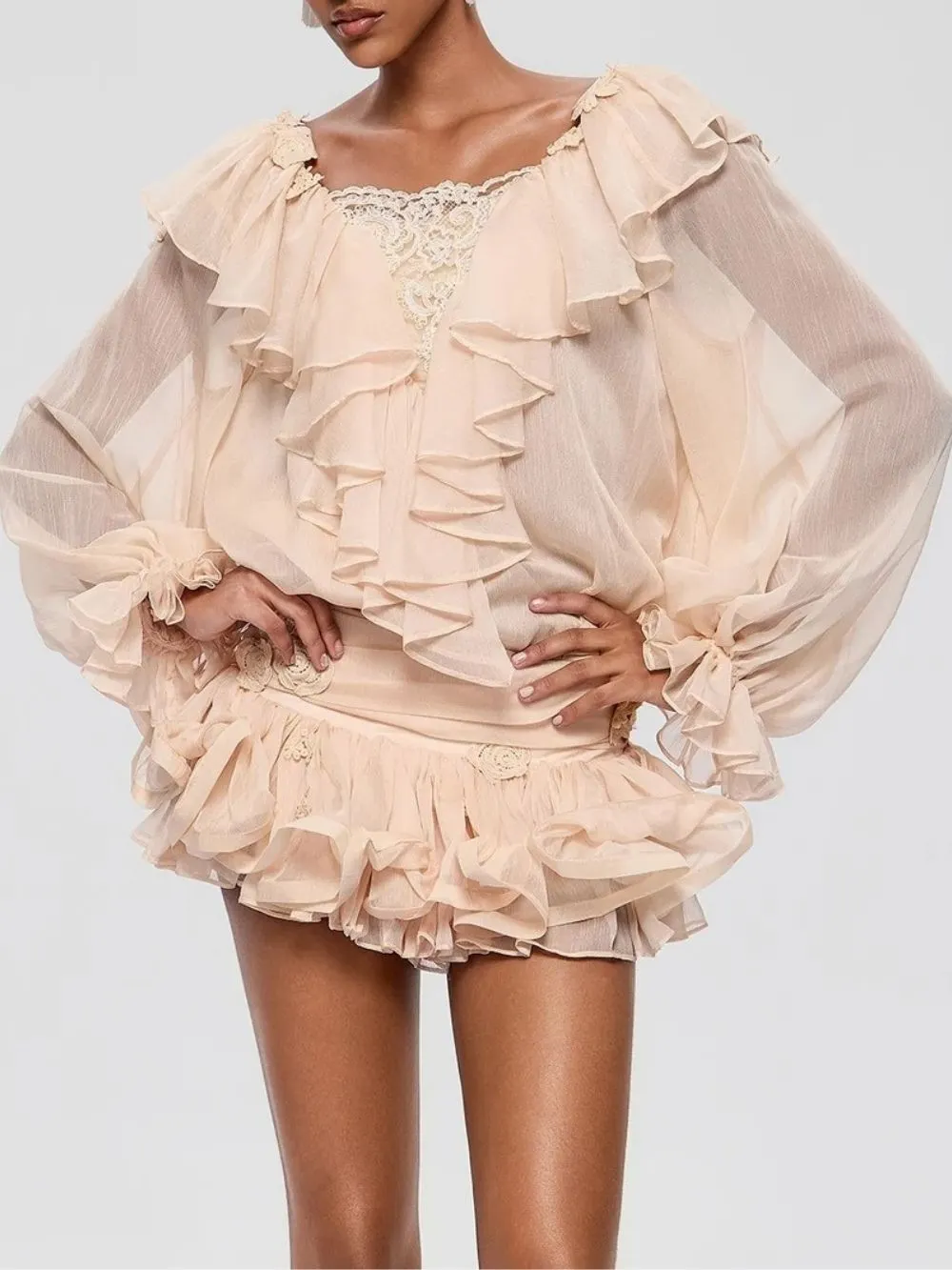Franka Flare Sleeve Ruffle Lace Mini Dress - OWNCI