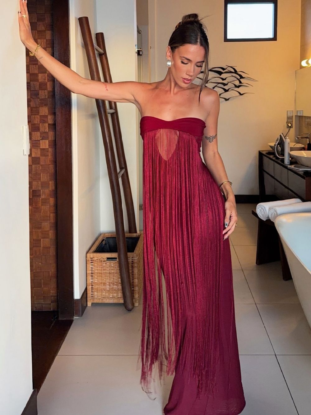 Maritta Wine Strapless Tassel Maxi Dress - OWNCI
