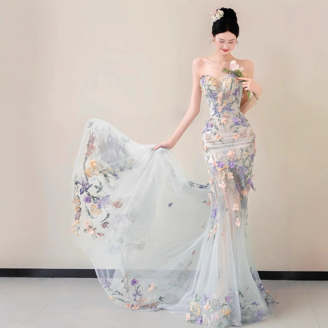 Strapless Pastel 3D Floral Tulle Mermaid Gown With Train - OWNCI Strapless Pastel 3D Floral Tulle Mermaid Gown With Train - OWNCI