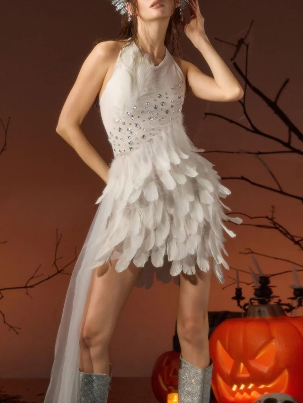 Gesine Halterneck Crystal Feather Draped Dress - OWNCI