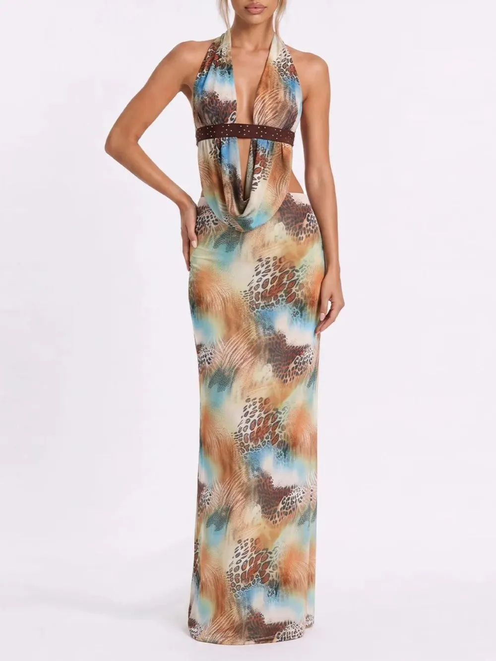 Qyronel Cowl Neck Leopard Skirt Set - OWNCI