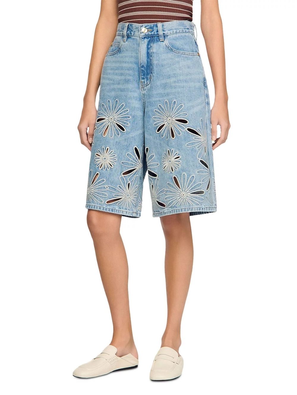 Embroidered Denim Bermuda Shorts in Blue Jean - OWNCI Embroidered Denim Bermuda Shorts in Blue Jean - OWNCI